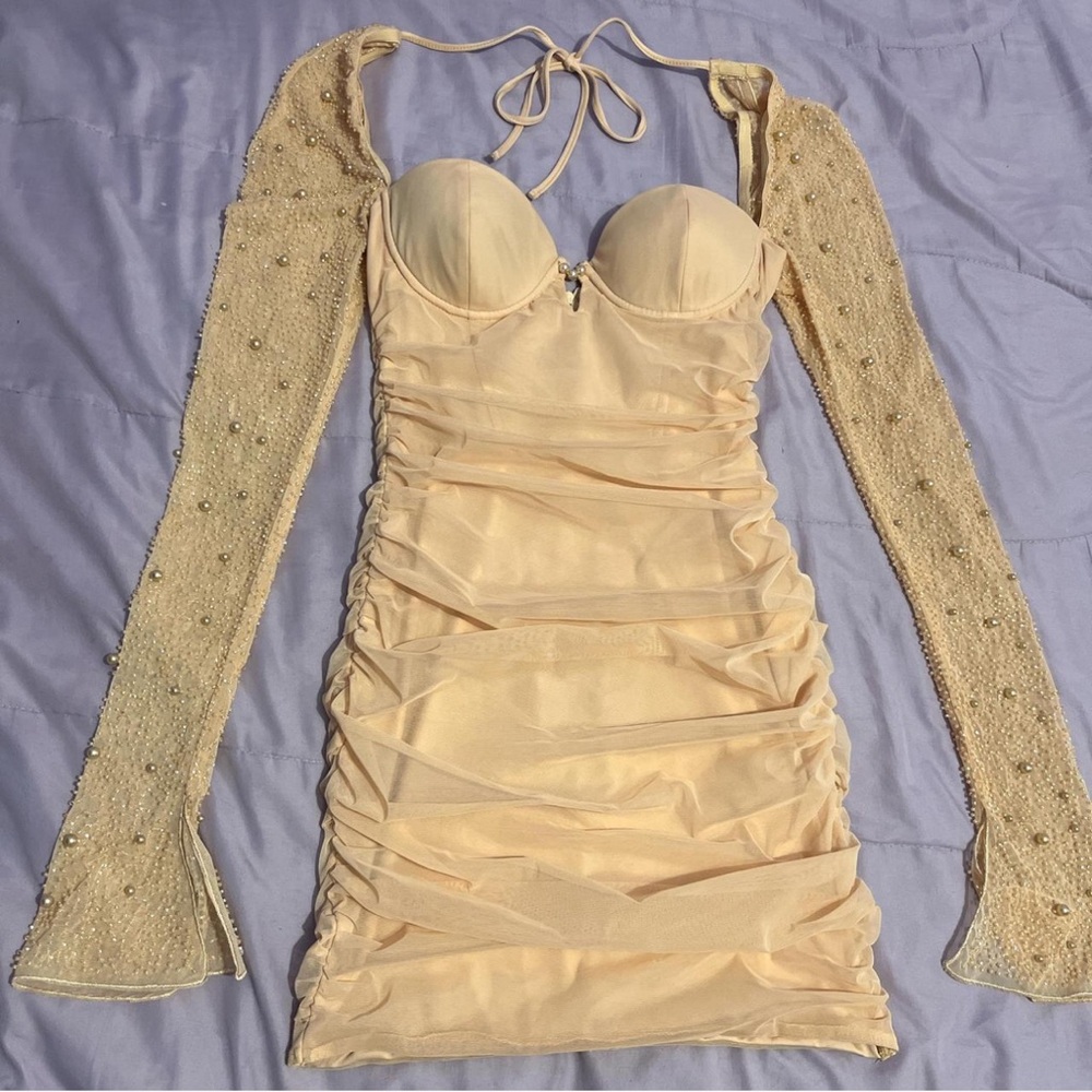 Elegant Cream Dress with Beaded Sleeves